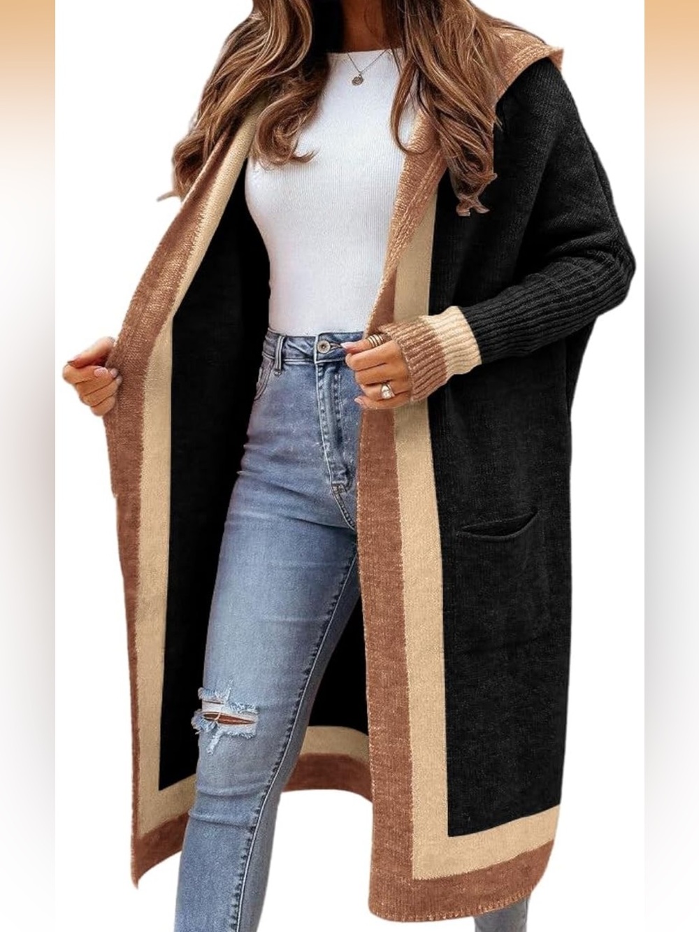 Hooded Long Cardigan Sweater Colorblock Open Women’s Size Small Oversized